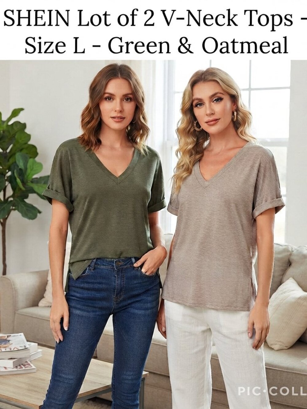 SHEIN Lot of 2 V-Neck Tops Women's Size US 8-10 Green Oatmeal Rolled Sleeve